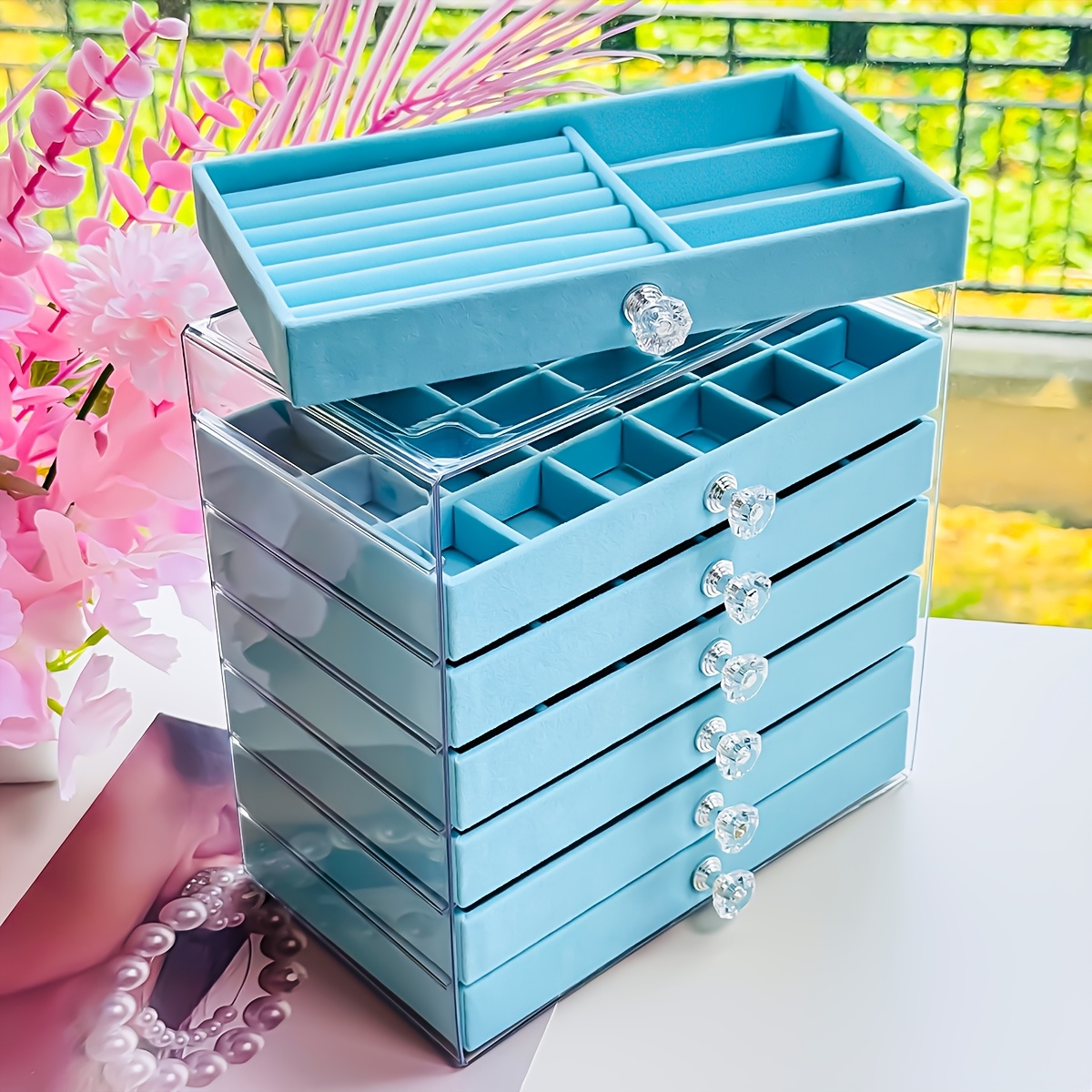 Blue Acrylic Jewelry Storage Box, Multi-Layer Organizer